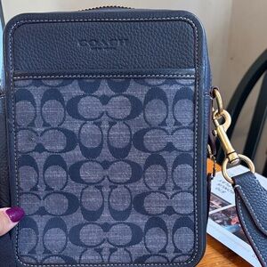 Coach Sullivan Navy Signature Canvas Crossbody with Gold Hardware